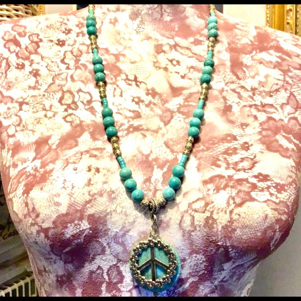 NWOT, Beaded Necklace with Peace Sign Pendant!